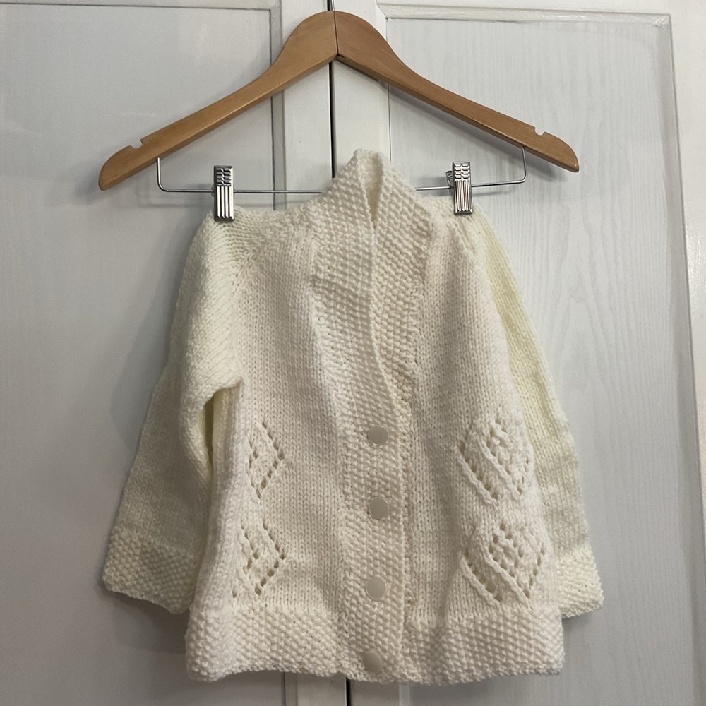 Cozy Winter White Knit Cardigan Handmade Lightly Vintage